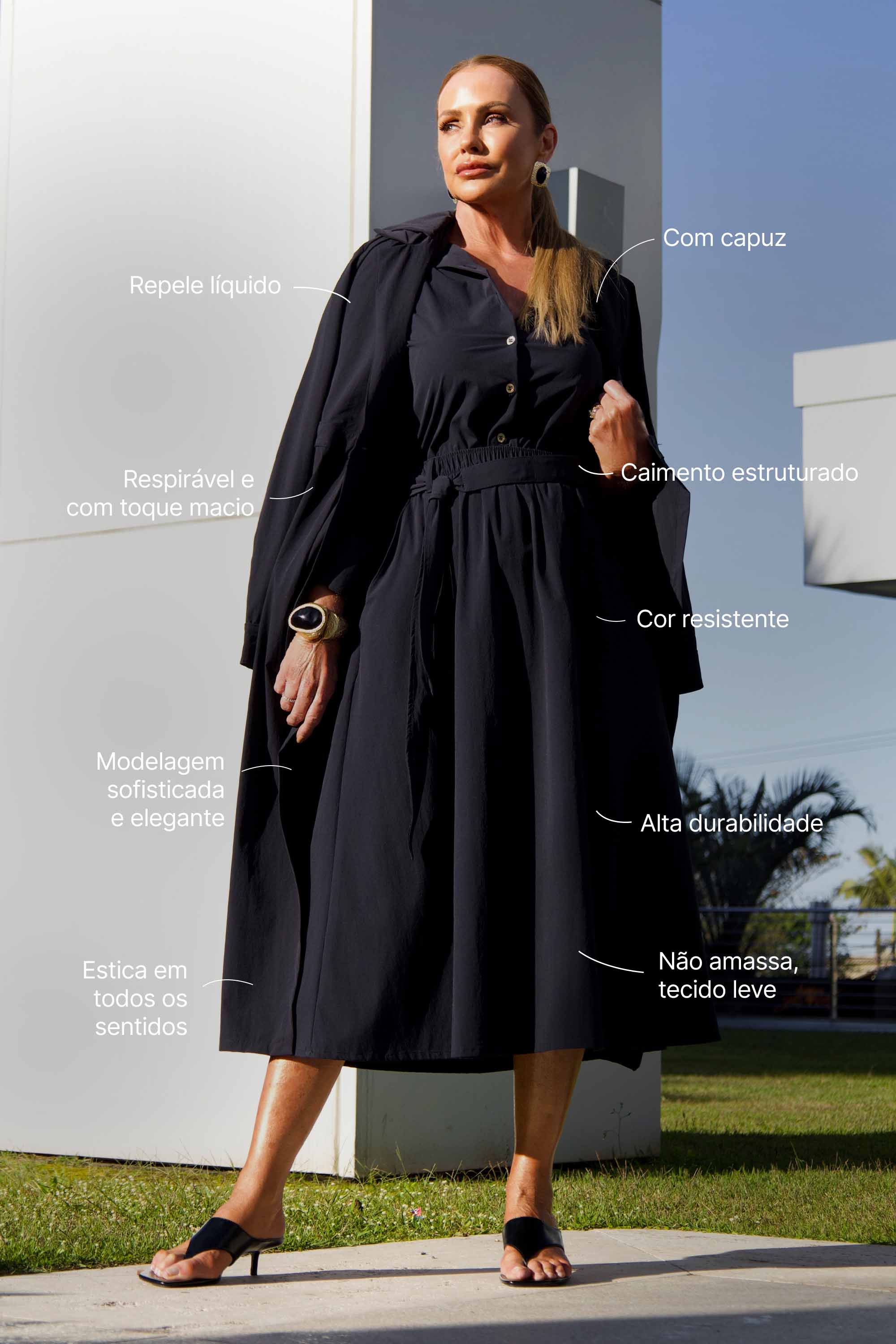 Capa com Capuz Tecido Impermeável que Não Amassa Preta