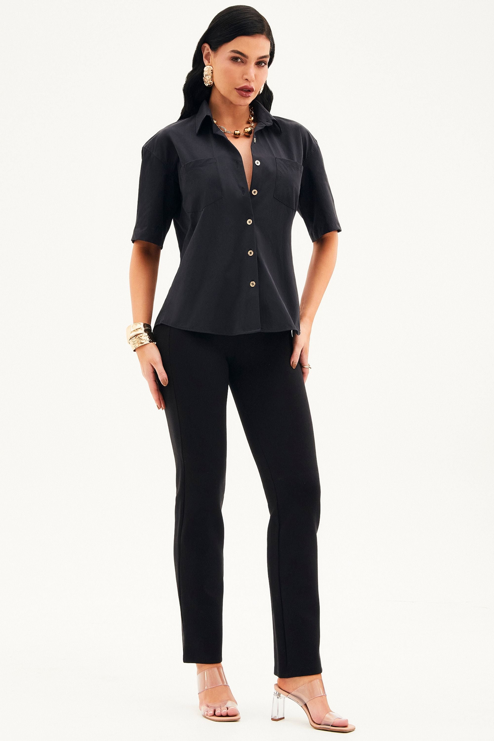 Camisa Social Manga Curta Tecido Impermeável que Não Amassa Preta