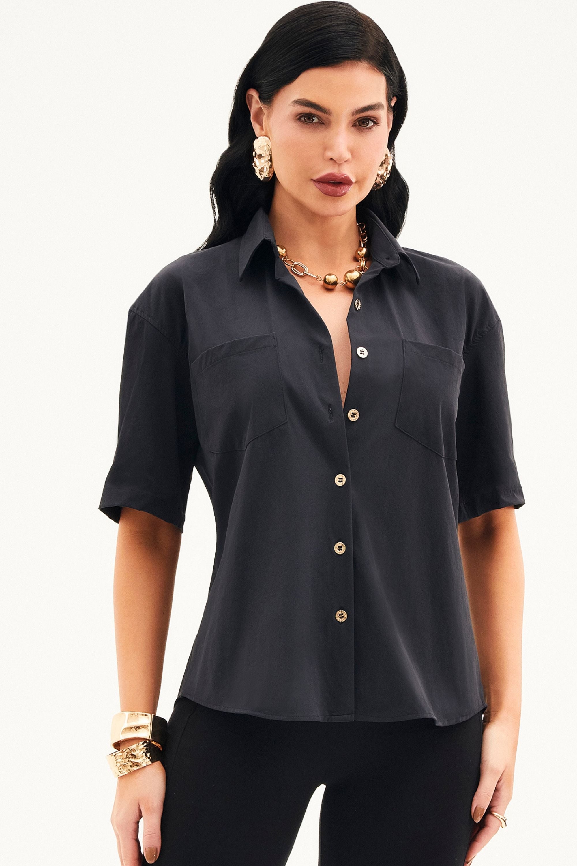 Camisa Social Manga Curta Tecido Impermeável que Não Amassa Preta