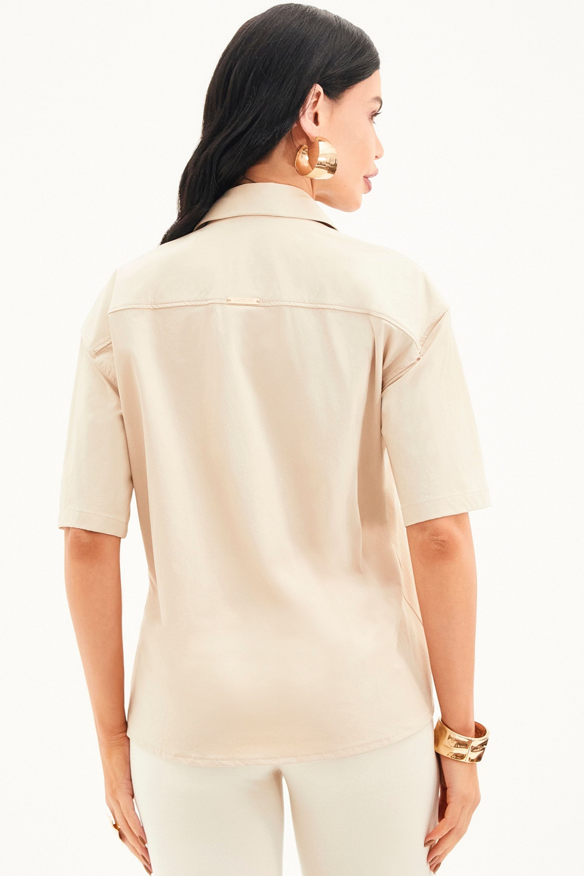 Camisa Social Manga Curta Nude Tecido Impermeável que Não Amassa Nude