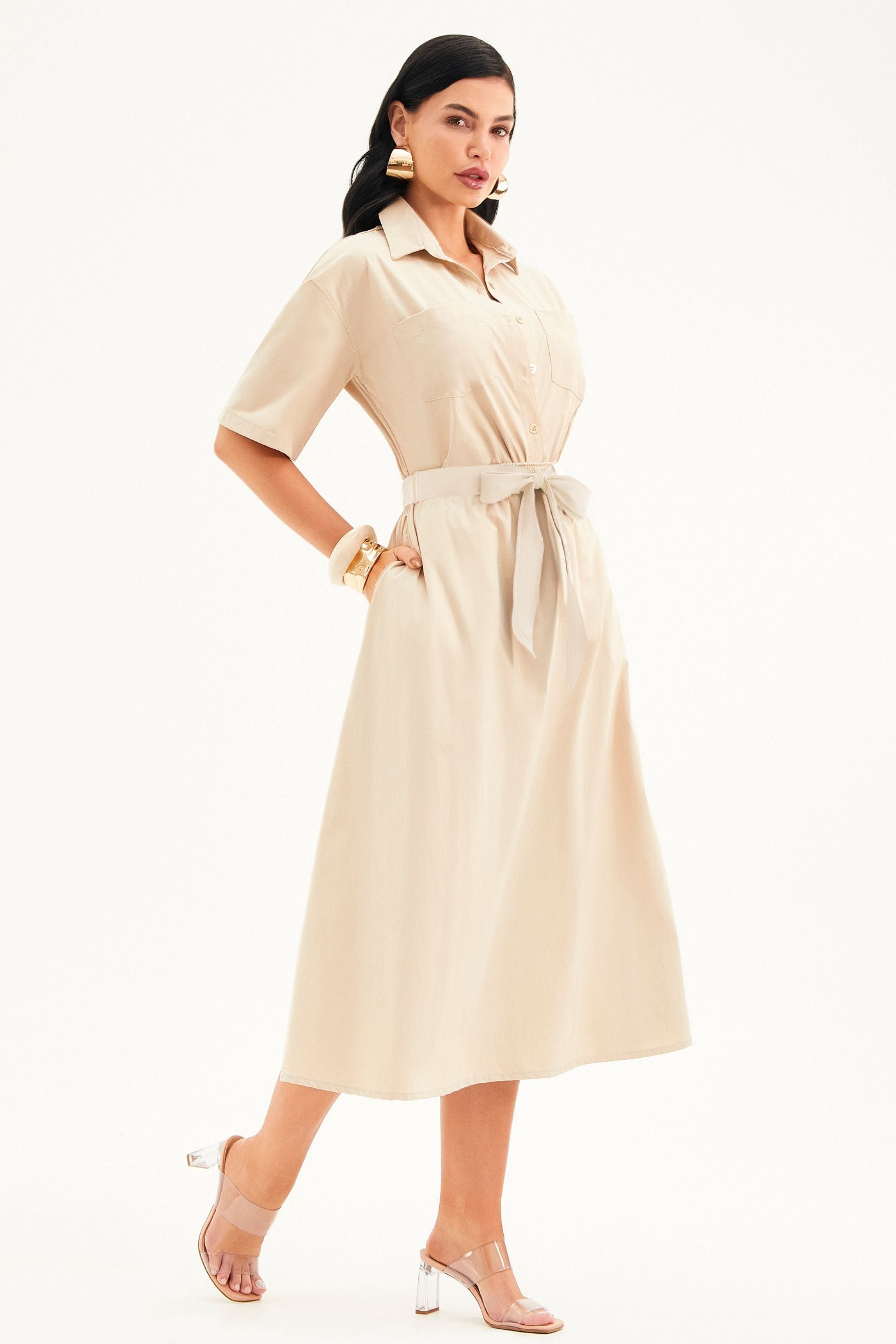 Camisa Social Manga Curta Nude Tecido Impermeável que Não Amassa Nude