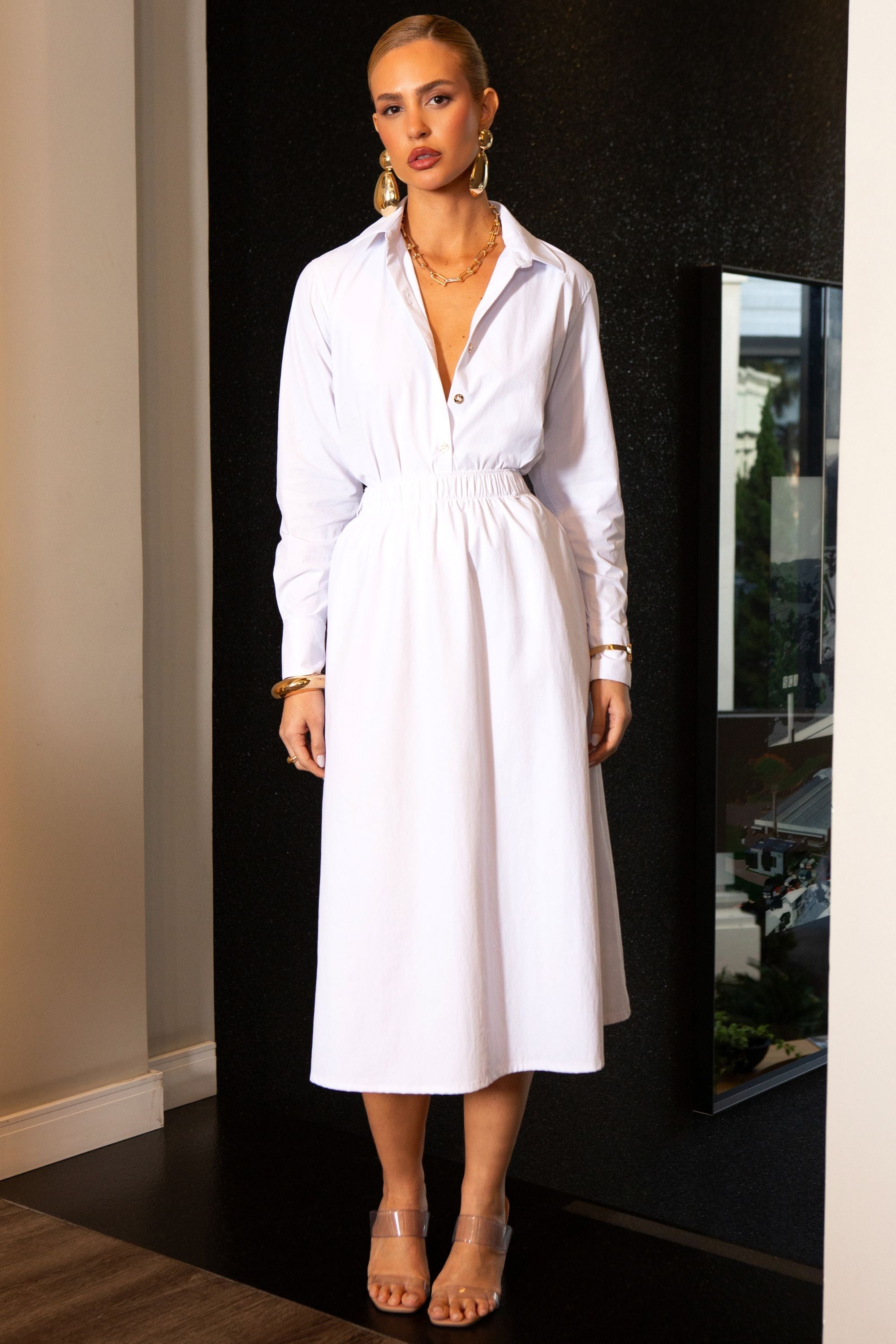 Saia Midi Fluida Tecido Impermeável que Não Amassa com Cinto Removível Branca