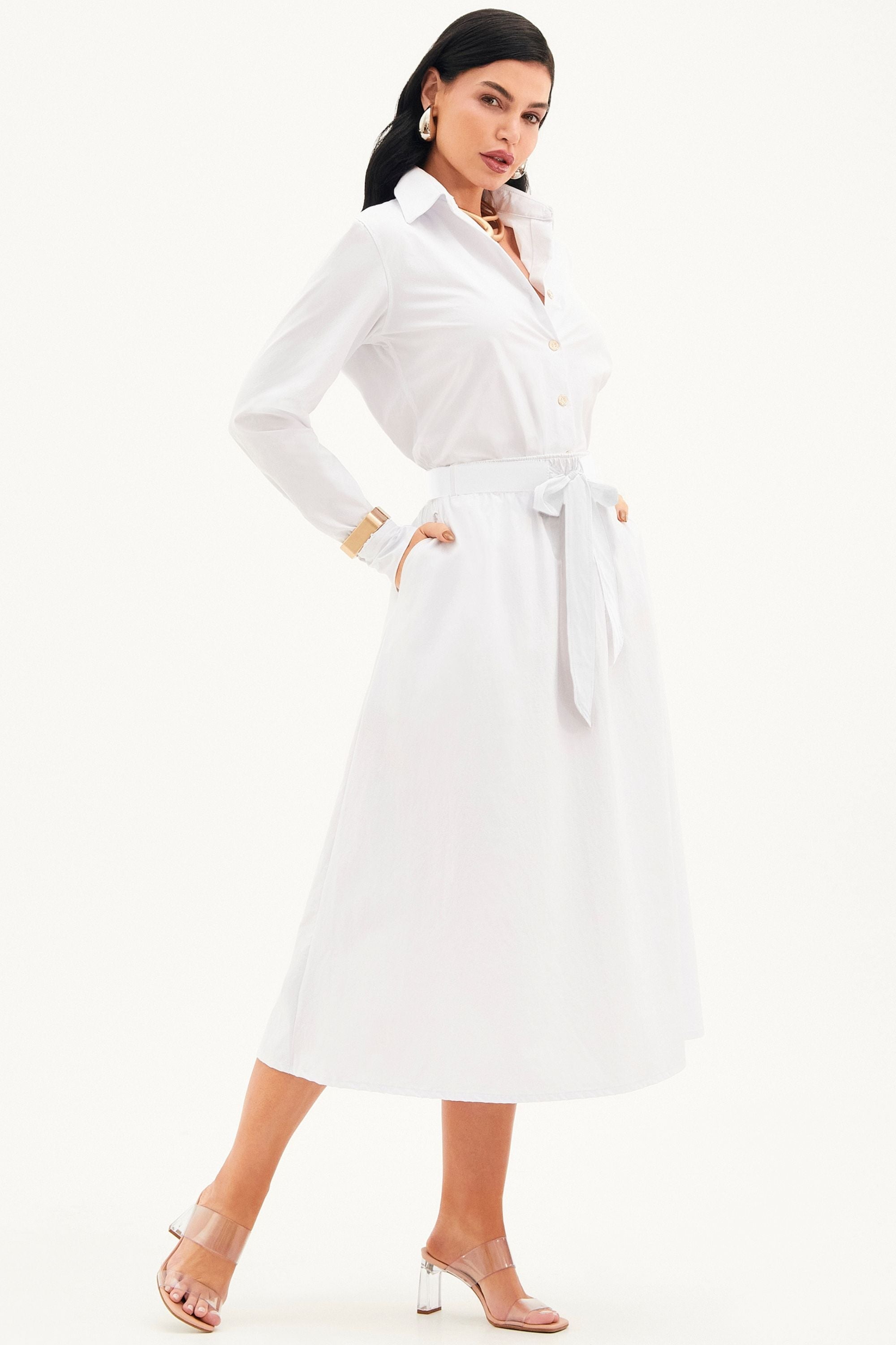 Saia Midi Fluida Tecido Impermeável que Não Amassa com Cinto Removível Branca