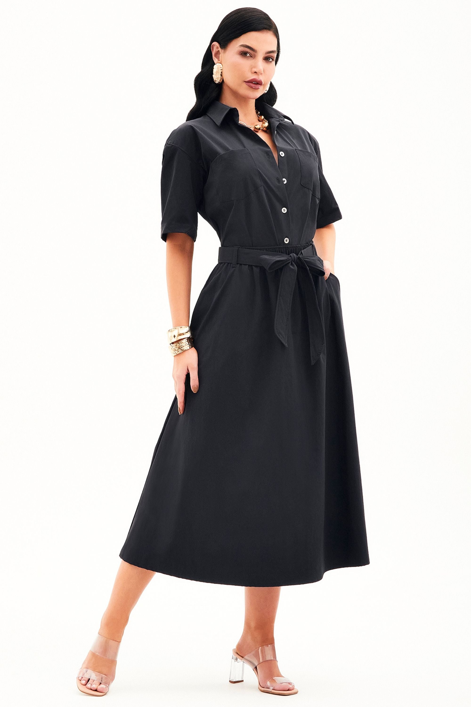 Saia Midi Fluida Tecido Impermeável que Não Amassa com Cinto Removível Preta