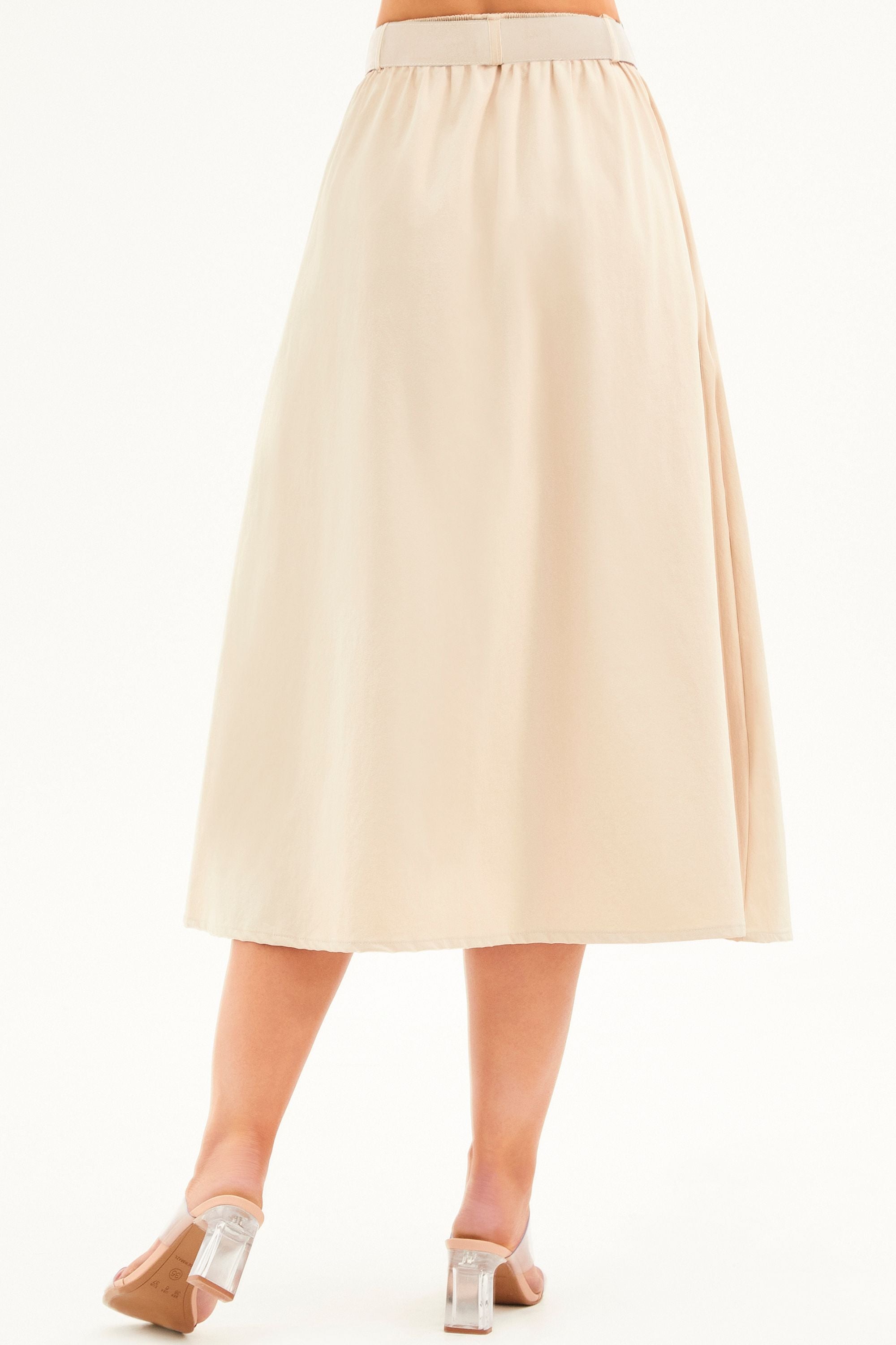 Saia Midi Fluida Tecido Impermeável que Não Amassa com Cinto Removível Nude