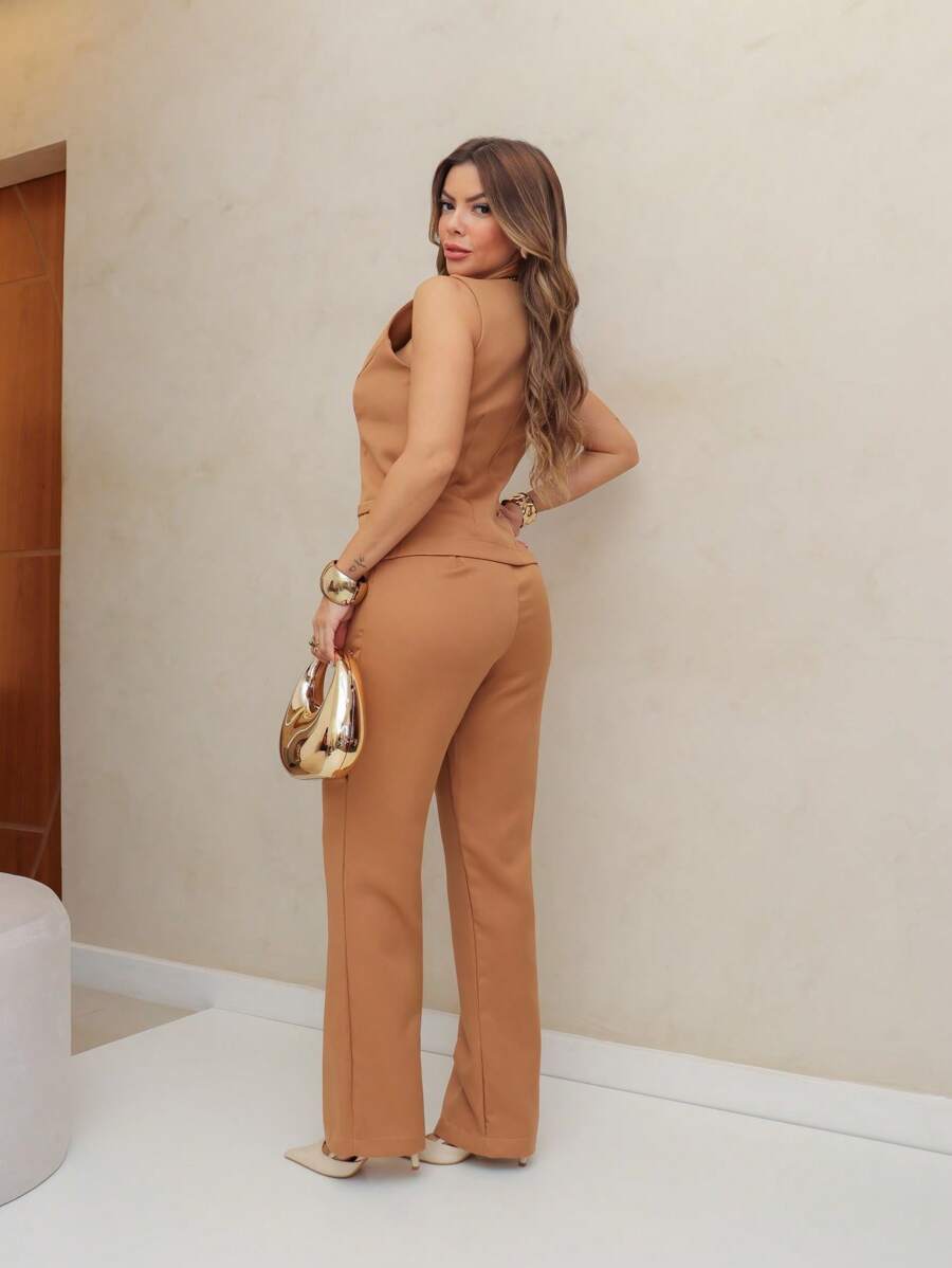 Conjunto de Terno Casual de com Colete de e Calça para Mulheres, Verão/DD075