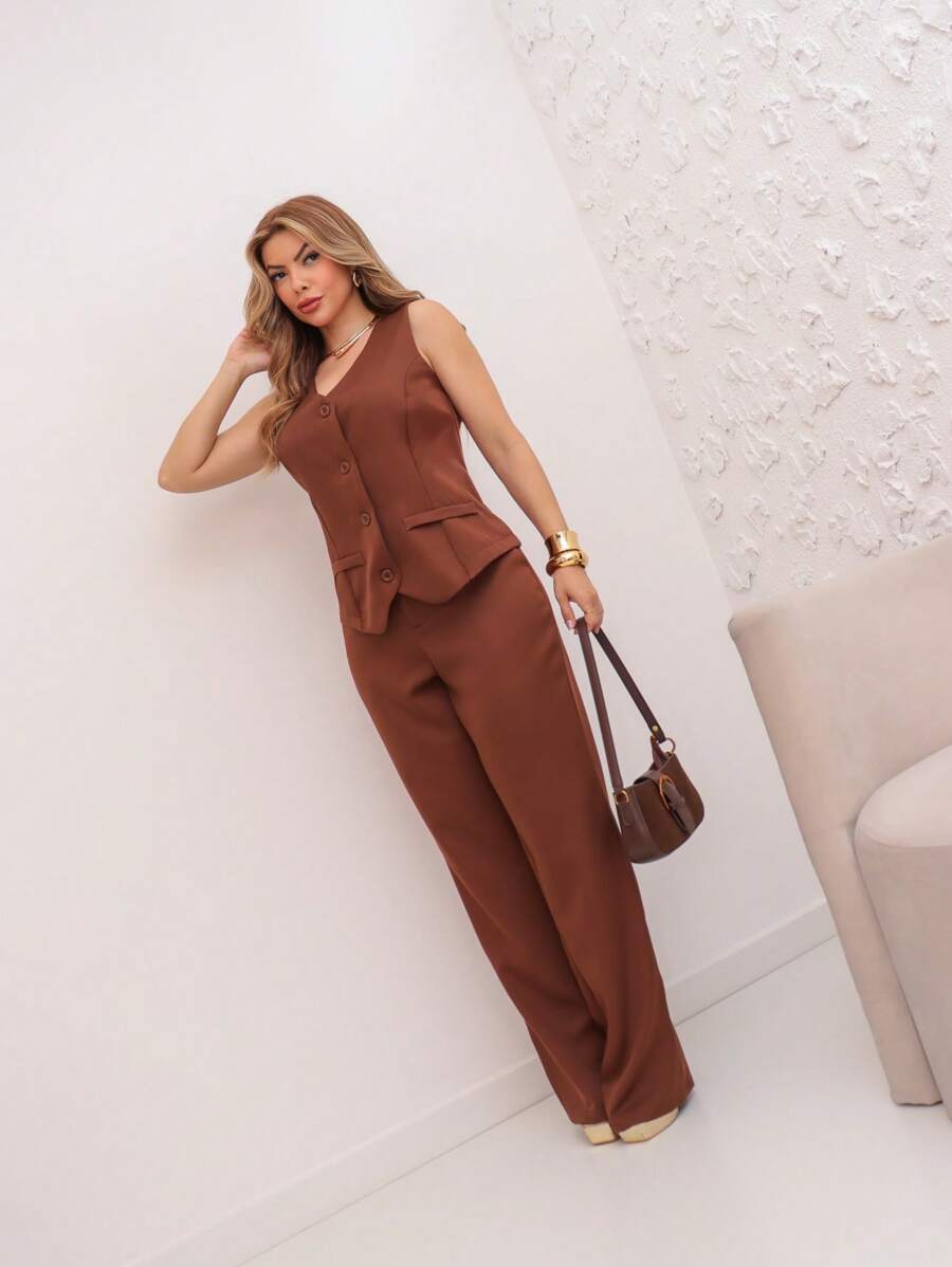 Conjunto de Terno Casual de com Colete de e Calça para Mulheres, Verão/DD075