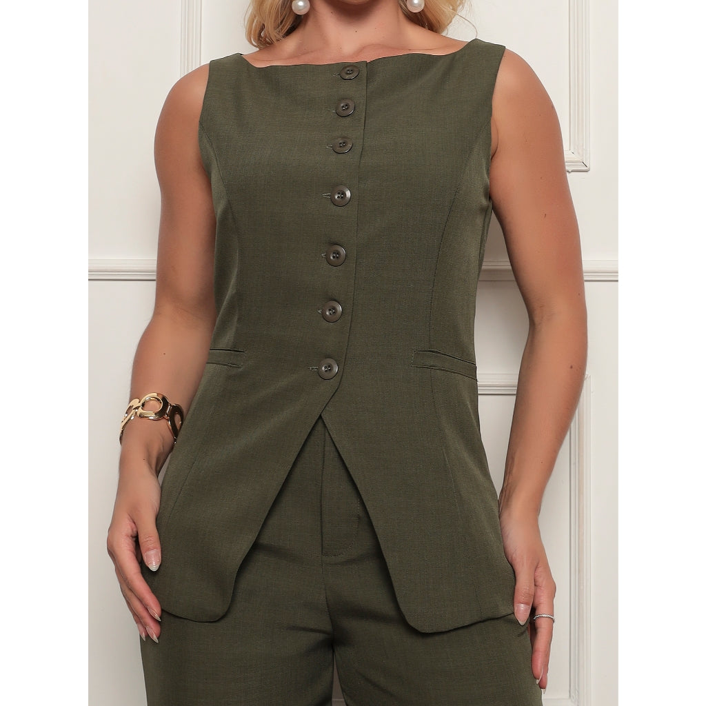 Conjunto Feminino de Trabalho em Alfaiataria Laris Blusa com Botões e Calça Social