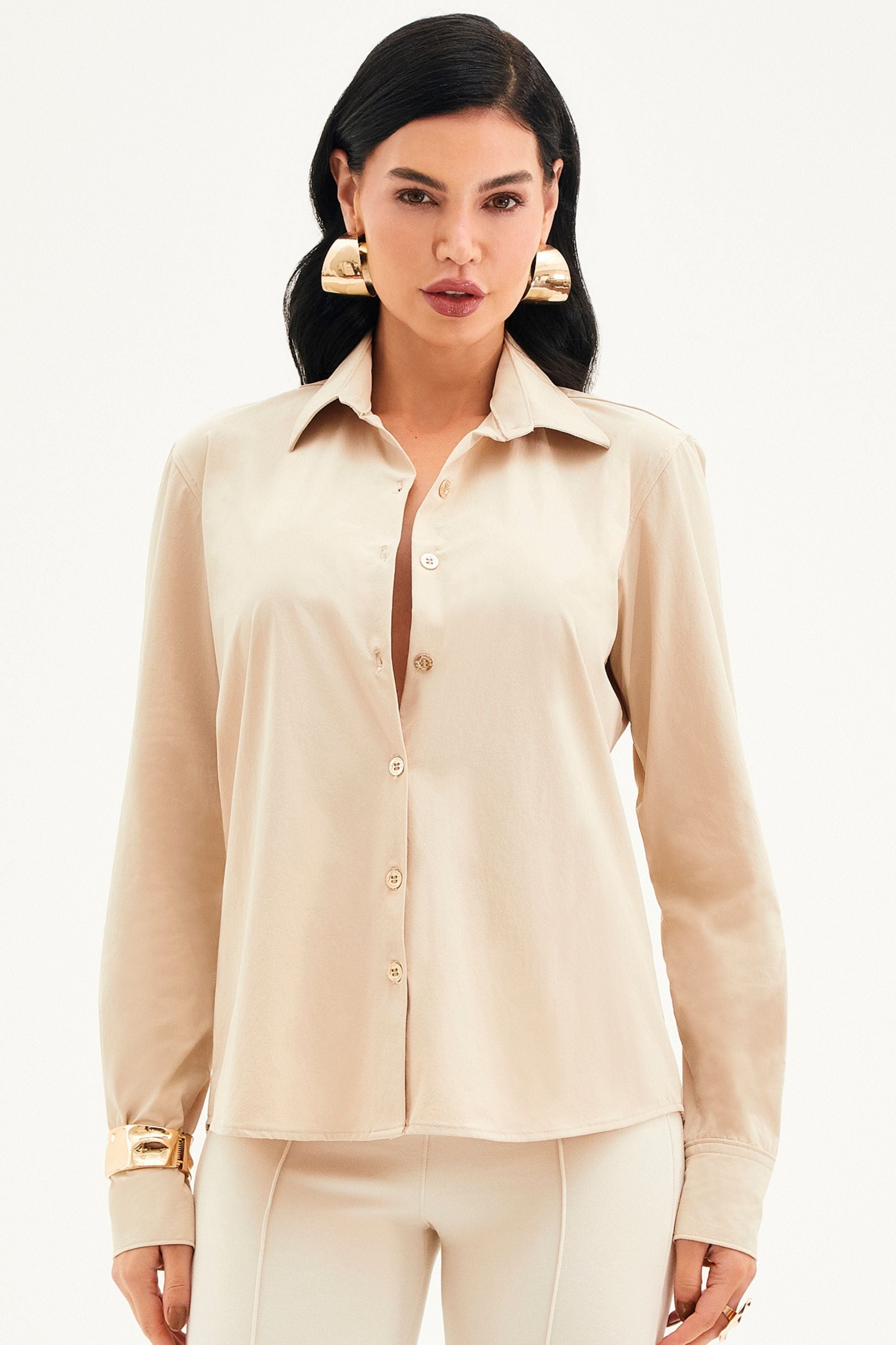 Camisa Social Manga Longa Tecido Impermeável que Não Amassa Nude