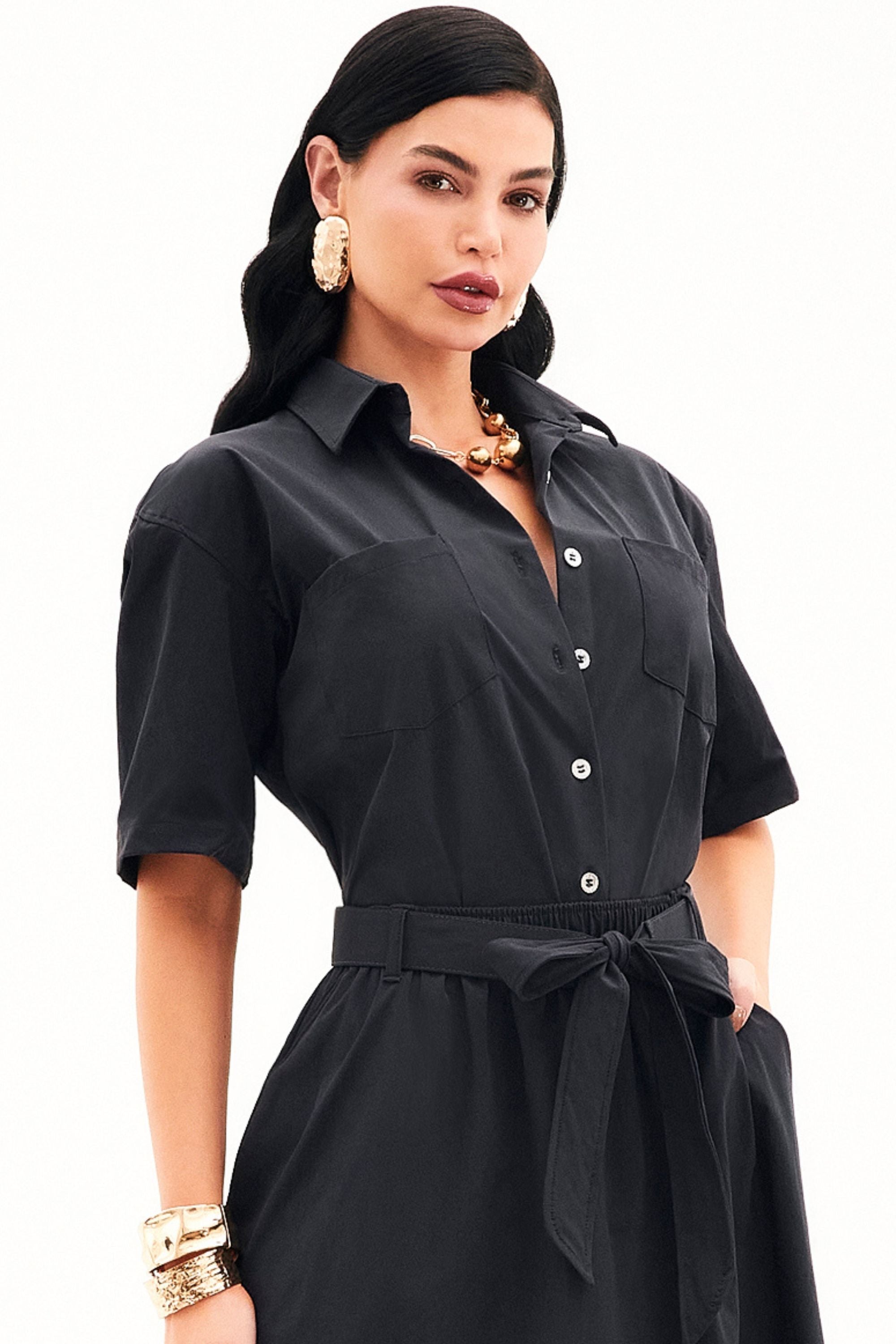 Camisa Social Manga Curta Tecido Impermeável que Não Amassa Preta