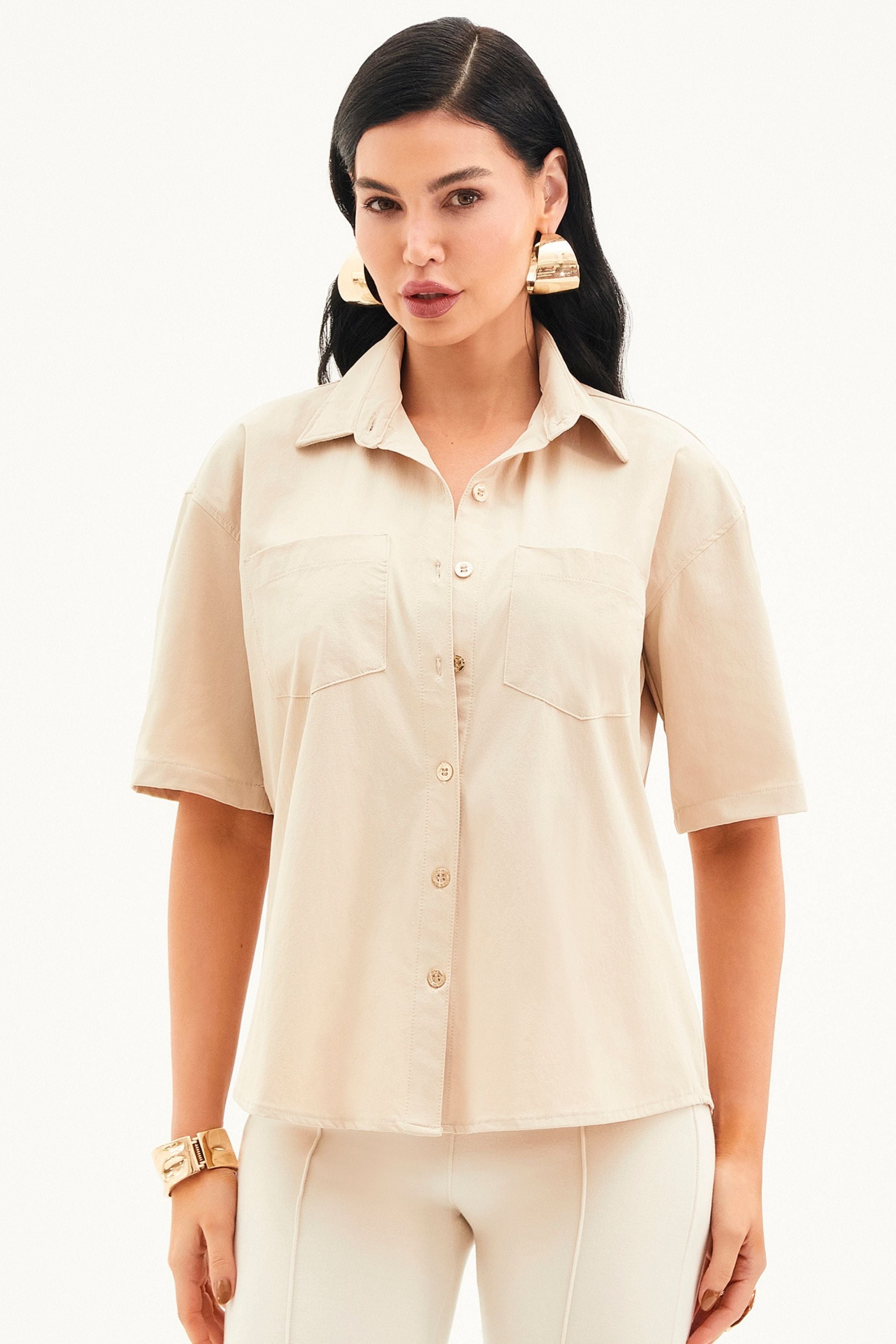 Camisa Social Manga Curta Nude Tecido Impermeável que Não Amassa Nude