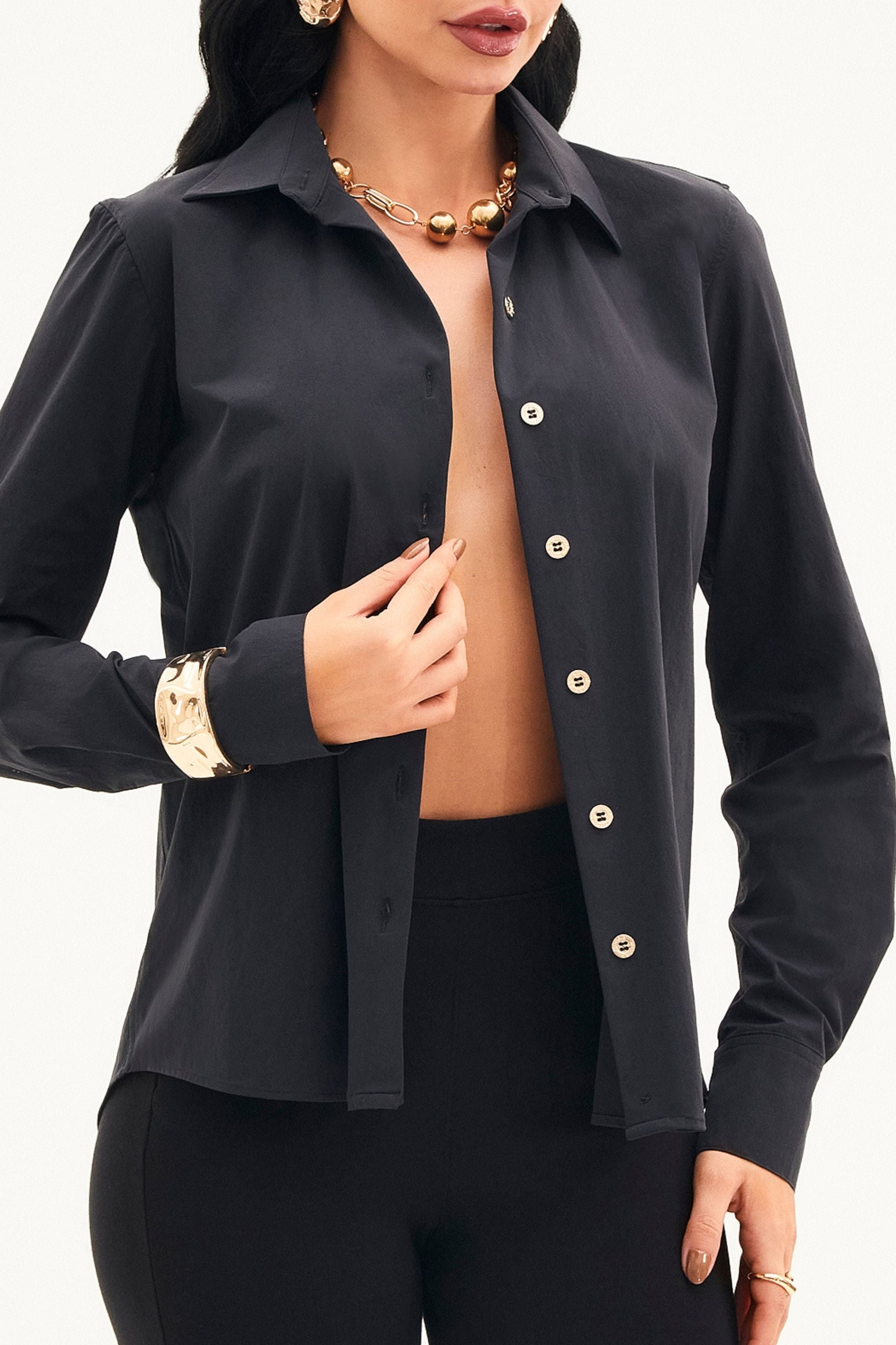 Camisa Social Manga Longa Tecido Impermeável que Não Amassa Preta