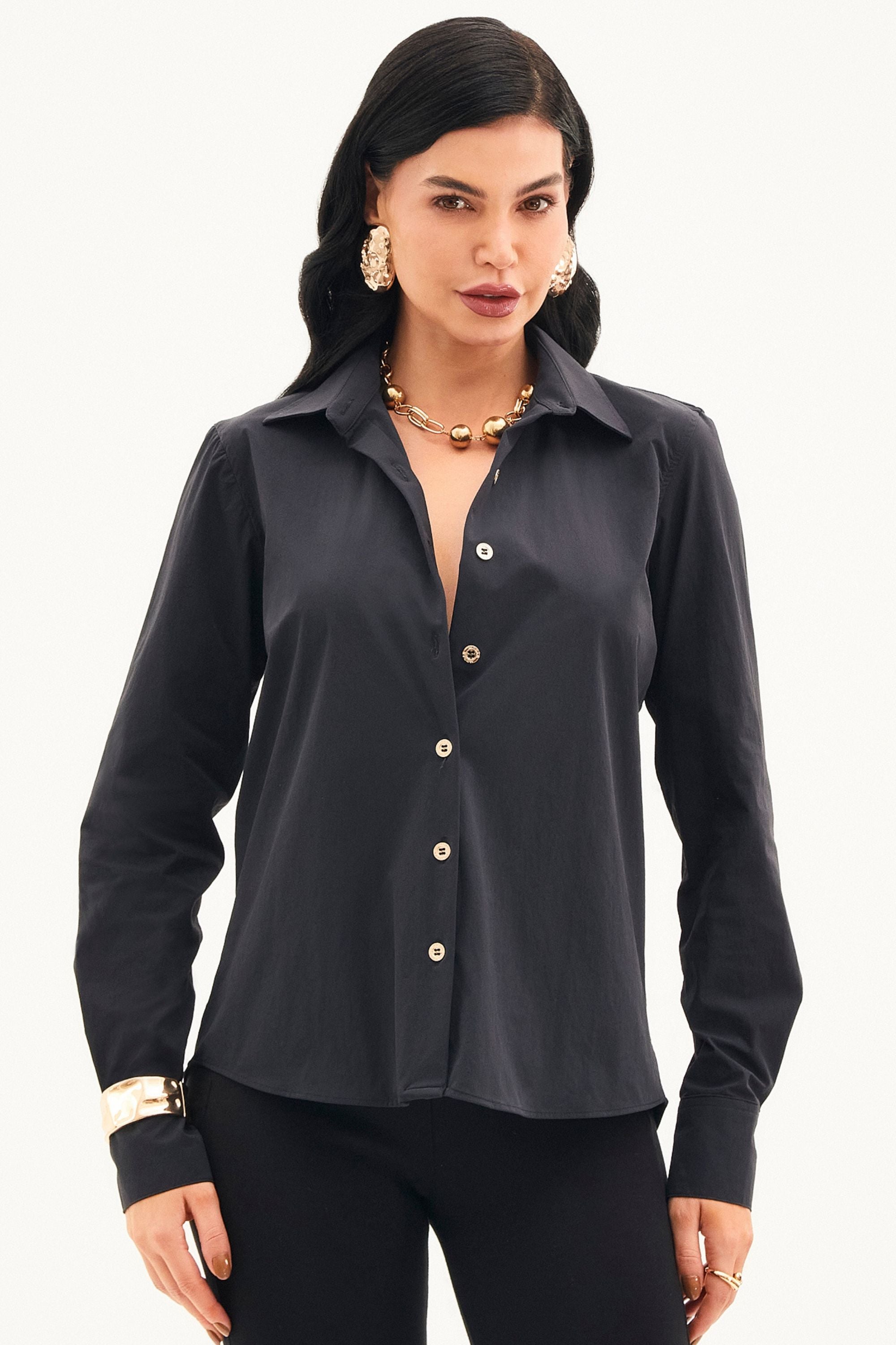 Camisa Social Manga Longa Tecido Impermeável que Não Amassa Preta