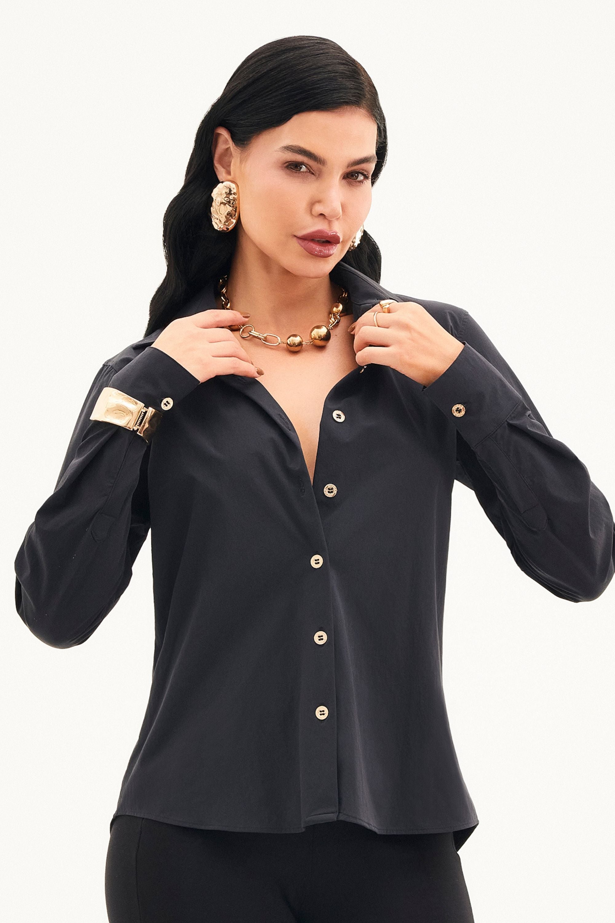 Camisa Social Manga Longa Tecido Impermeável que Não Amassa Preta