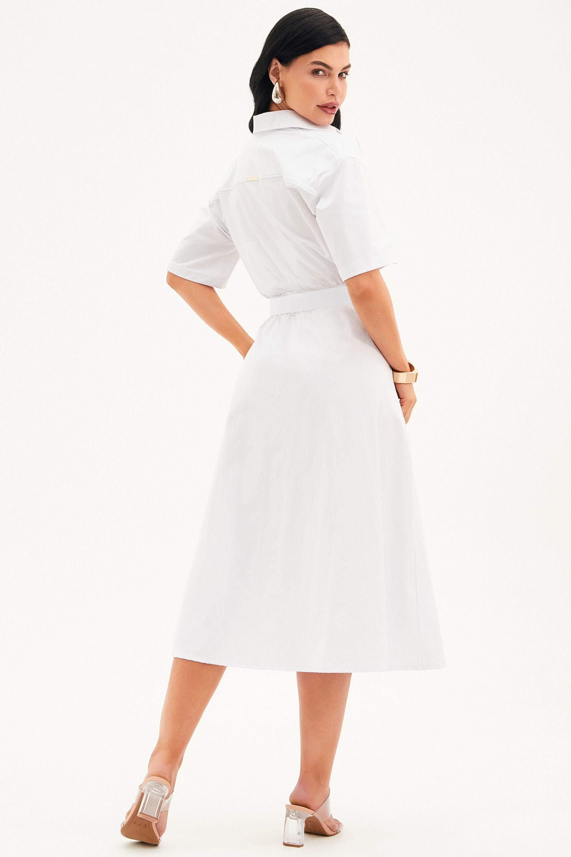 Saia Midi Fluida Tecido Impermeável que Não Amassa com Cinto Removível Branca