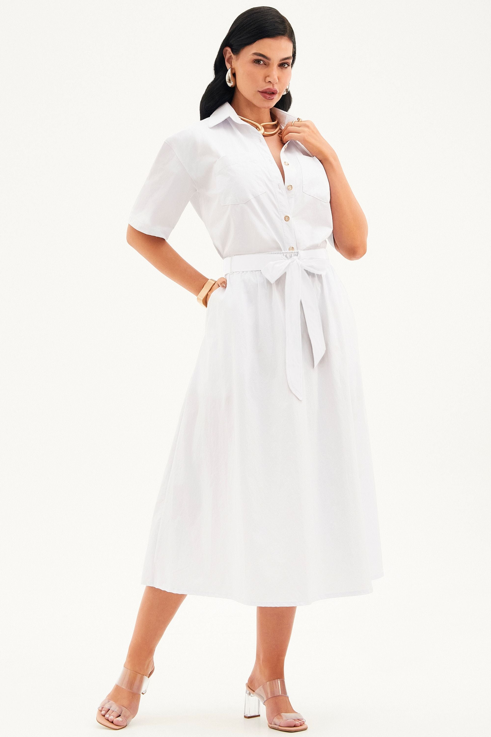 Saia Midi Fluida Tecido Impermeável que Não Amassa com Cinto Removível Branca