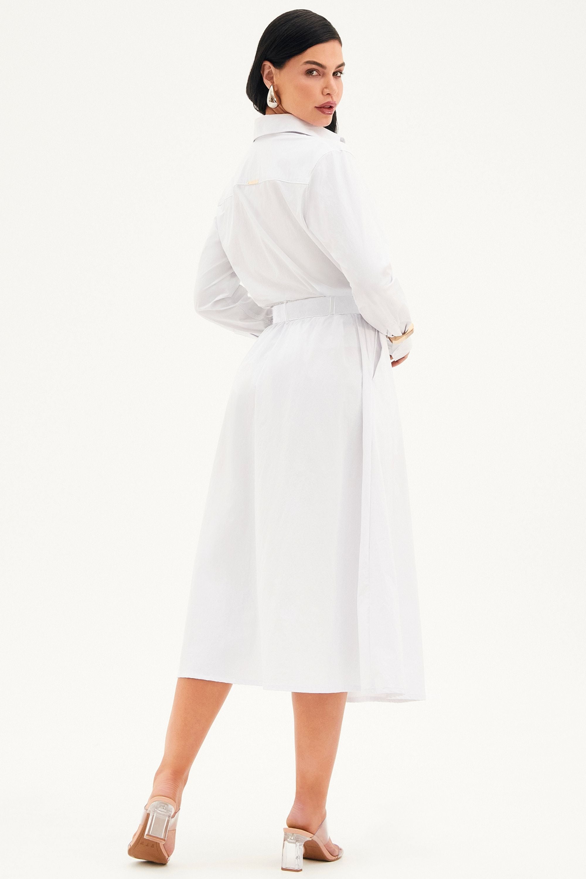 Saia Midi Fluida Tecido Impermeável que Não Amassa com Cinto Removível Branca