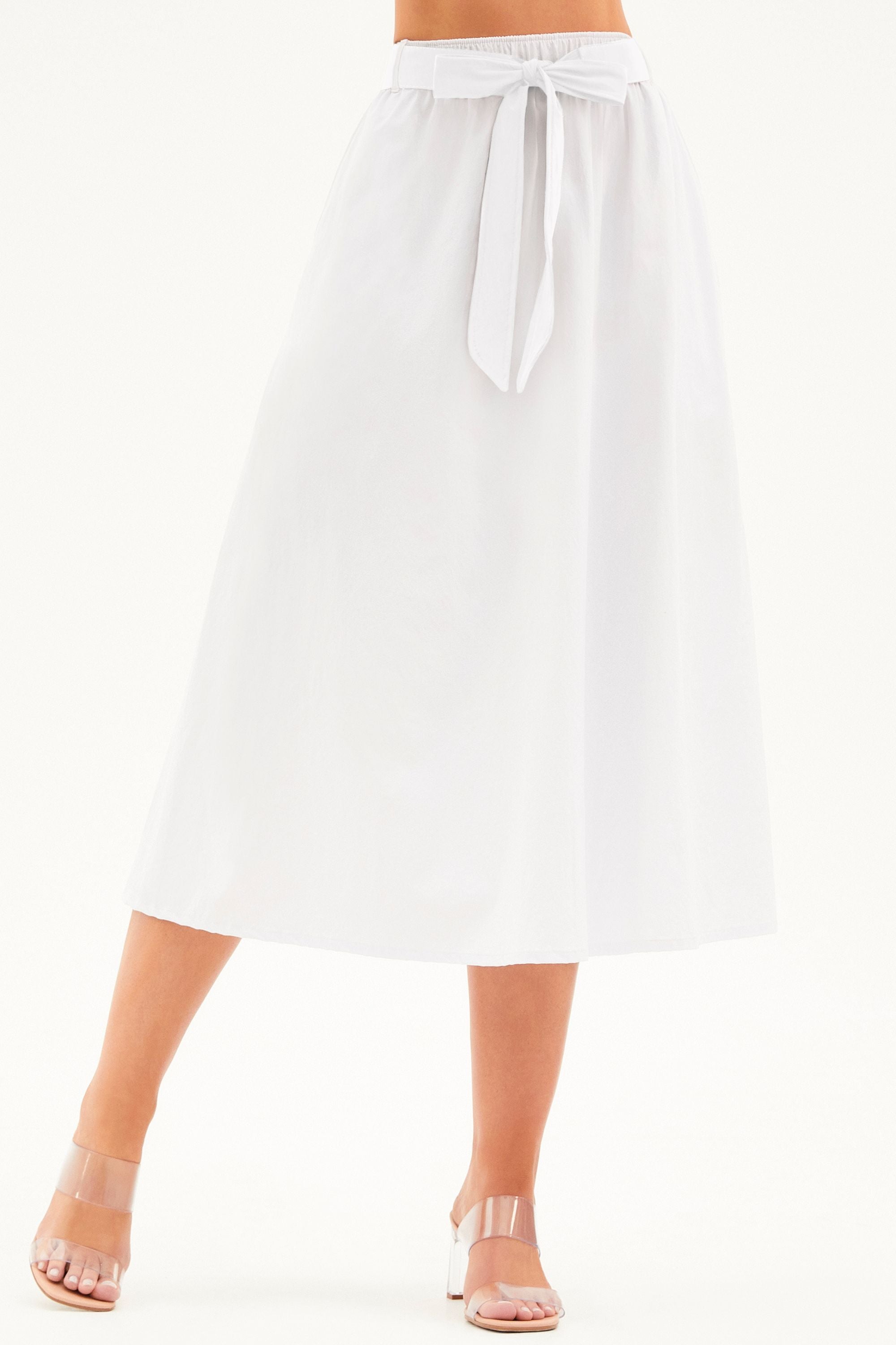 Saia Midi Fluida Tecido Impermeável que Não Amassa com Cinto Removível Branca