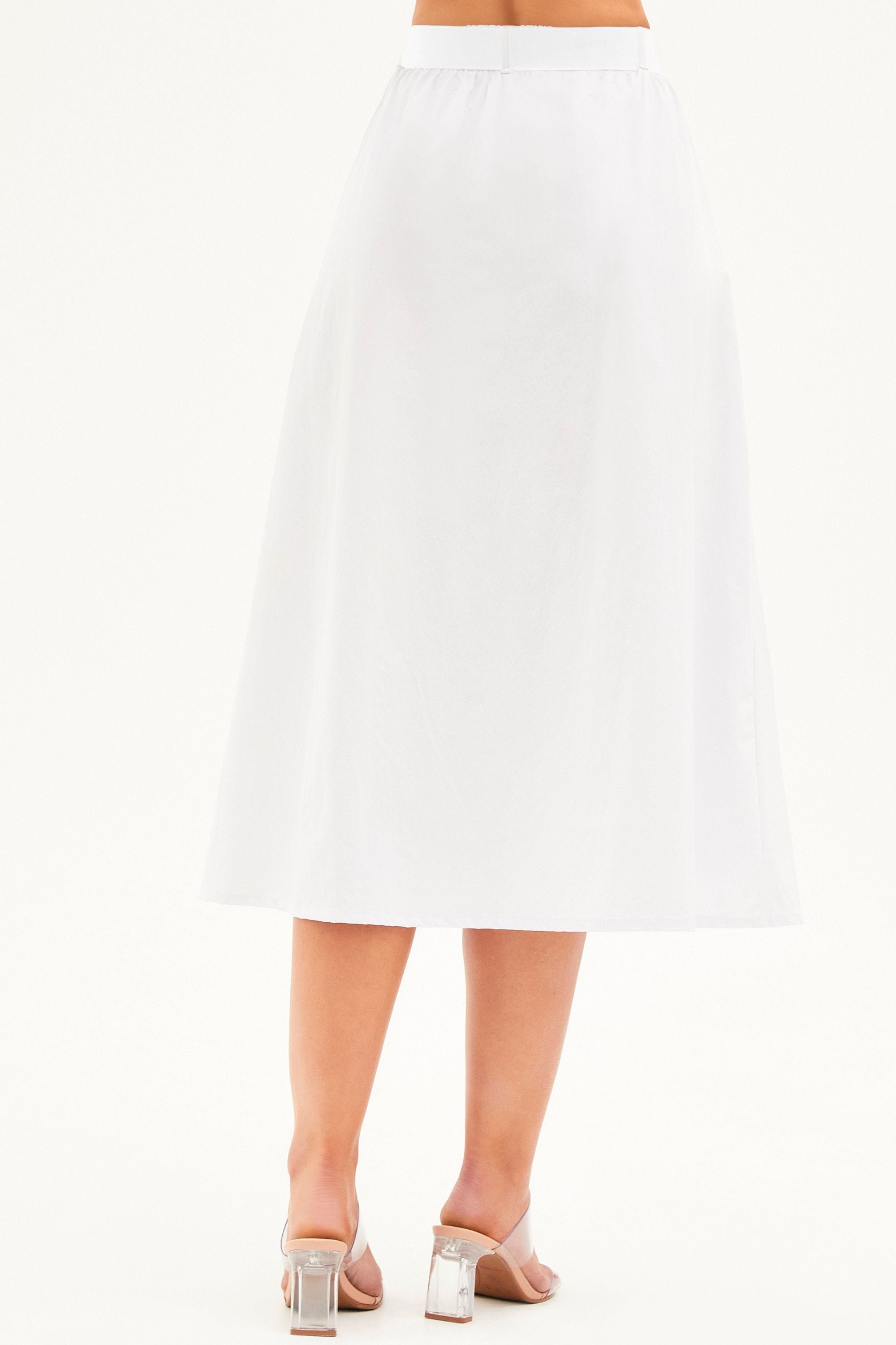 Saia Midi Fluida Tecido Impermeável que Não Amassa com Cinto Removível Branca