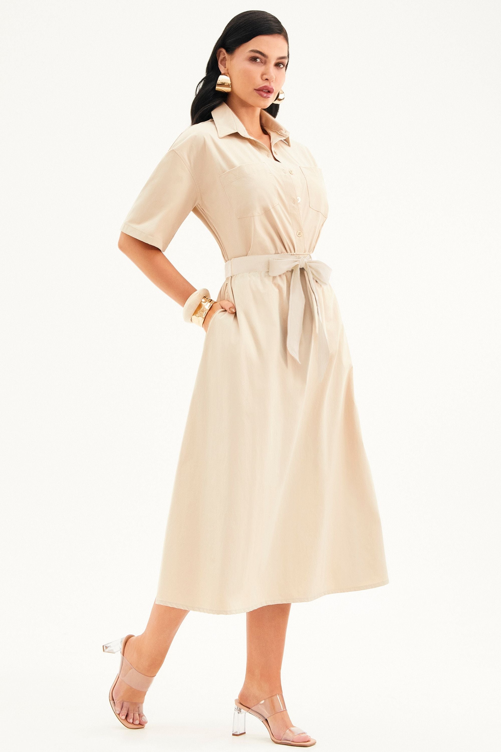 Saia Midi Fluida Tecido Impermeável que Não Amassa com Cinto Removível Nude