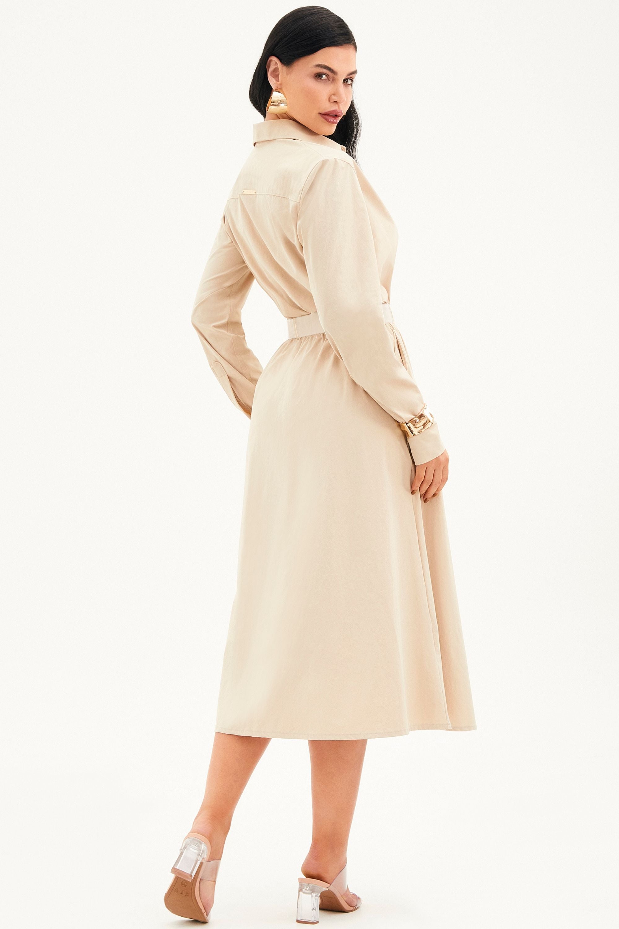 Saia Midi Fluida Tecido Impermeável que Não Amassa com Cinto Removível Nude